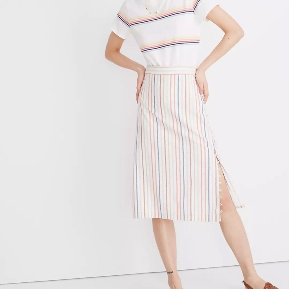 Sz 2 Madewell Button Slit Midi Skirt in Flecked Rainbow Stripe SOLD OUT
